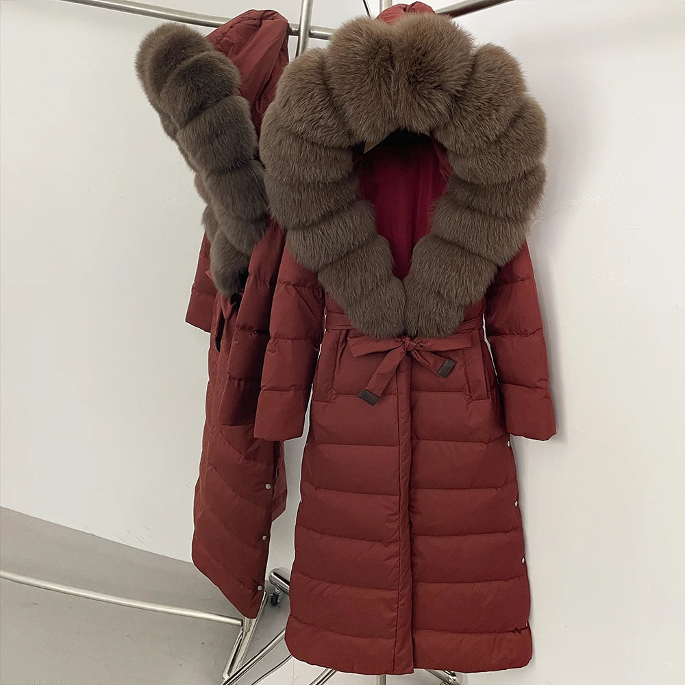 OFTBUY Large Real Fox Fur Collar X-Long Puffer Jacket Women Hooded Winter White Duck Down Coat Thick Female Parkas With Belt