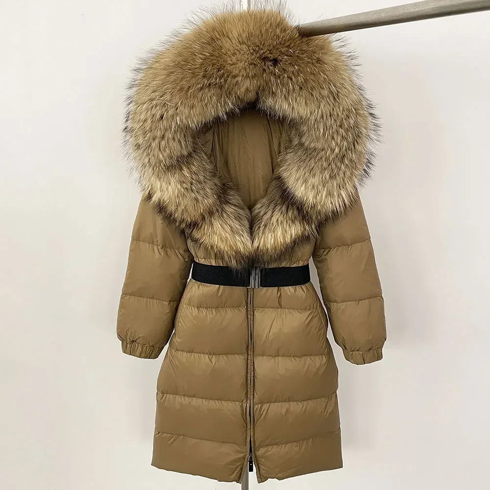90% White Duck Down Coat New Natural Thick Warm Long Winter Jacket Women Real Big Fox Fur Collar Belt Loose Puffer Parka