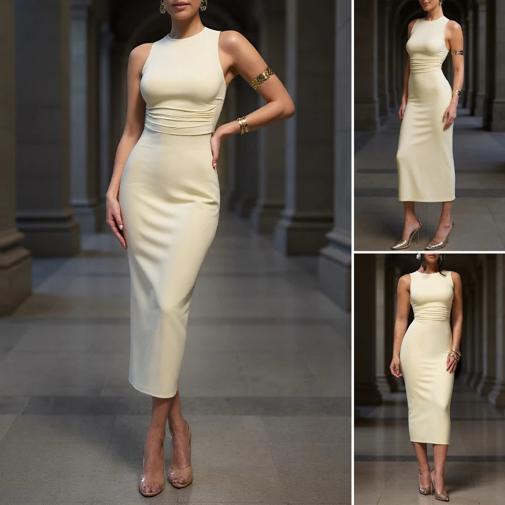 Women's Evening Dresses 2025 Winter Autumn Essential Wrap Style Sleeveless Crew Neck Midi Dress for Understated Luxury