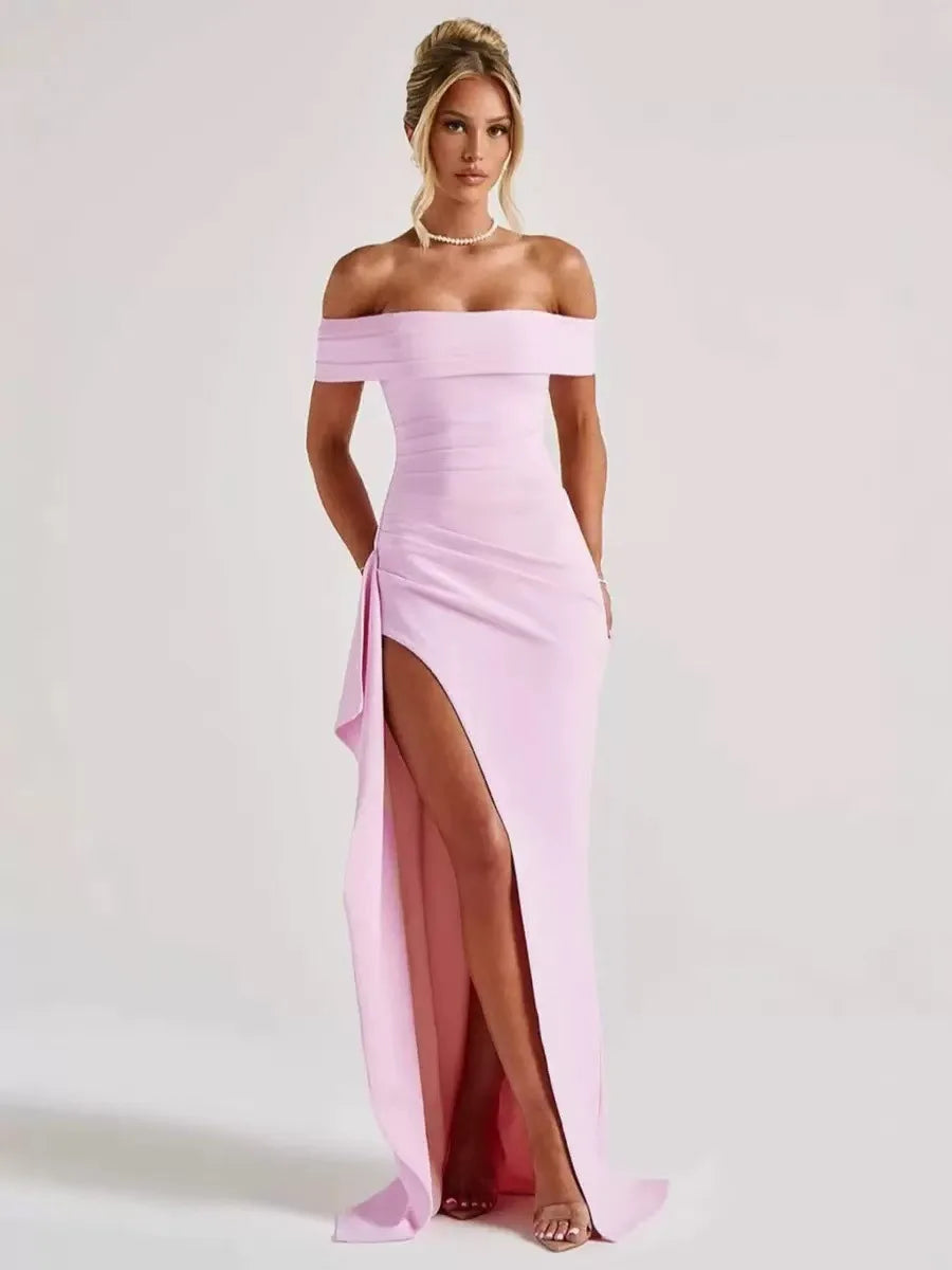 Women's Off-Shoulder Party Dress - High Slit Bodycon Gown, Sexy Elegant Evening Dress