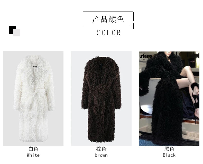 Lautaro Winter Extra Long Soft Thick Warm Fluffy Black Fuzzy Shaggy Hairy Faux Fur Coat Women Sashes Luxury Furry Overcoat 2023