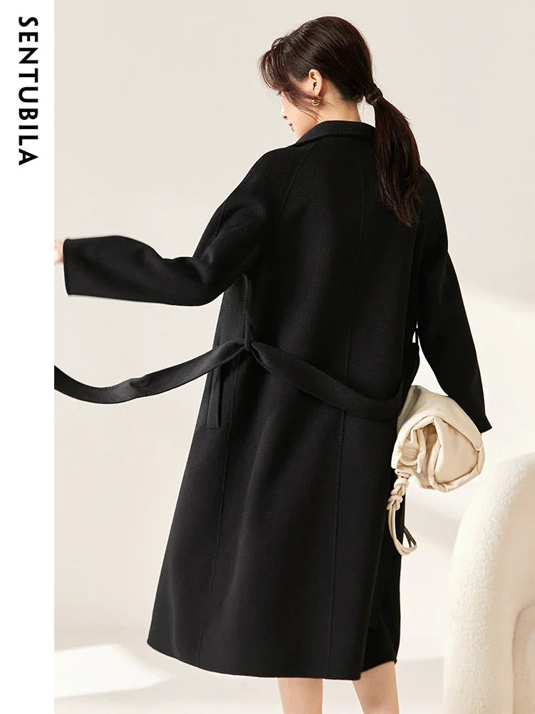 SENTUBILA Women's Long Woolen Overcoats 2025 Winter Outerwear Elegant Turtleneck Warm Double Breasted Belt Wrap Coat W24O42064