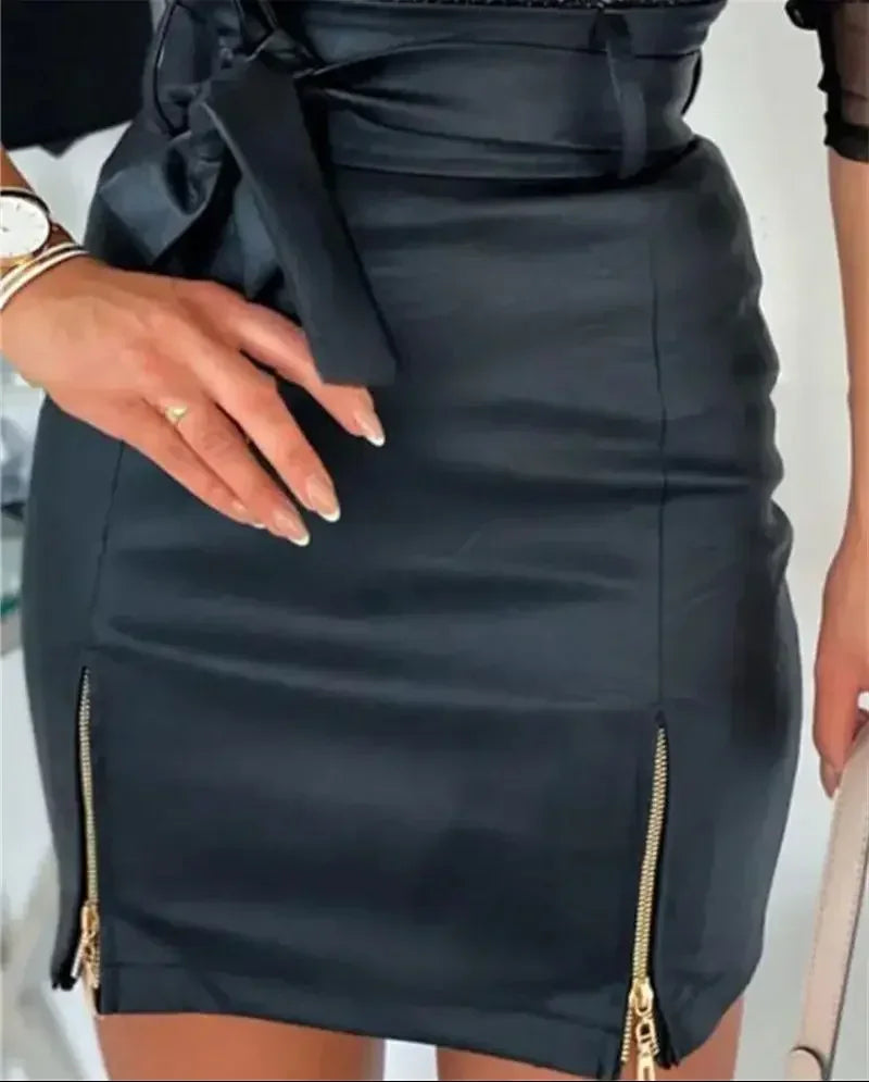 PU Leather Sexy Wrap Hip Skirt Women Nightclub Party Casual Wear Female High Waist Lace-up Zipper Hem Half-body Dress Streetwear