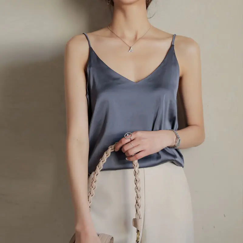 Spaghetti Strap Top Women Halter V Neck Basic White Cami Sleeveless Satin Silk 2025 Tank Tops Women'S Summer Camisole