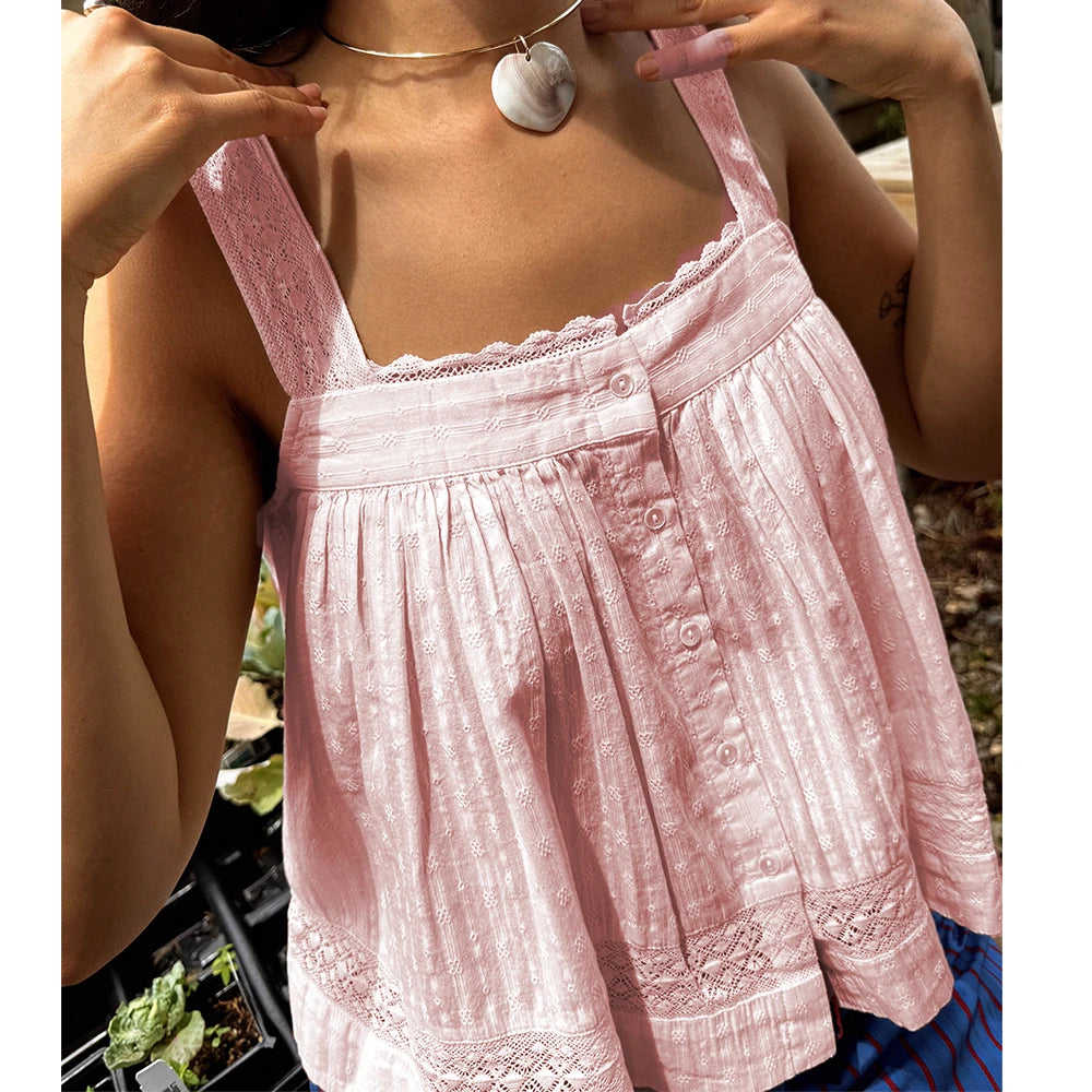 Women Kawaii Cottage Lace Ruffle Trim Tank Top Fairycore Sexy Button Front Square Collar Sleeveless Going Out Camis Boho Vest