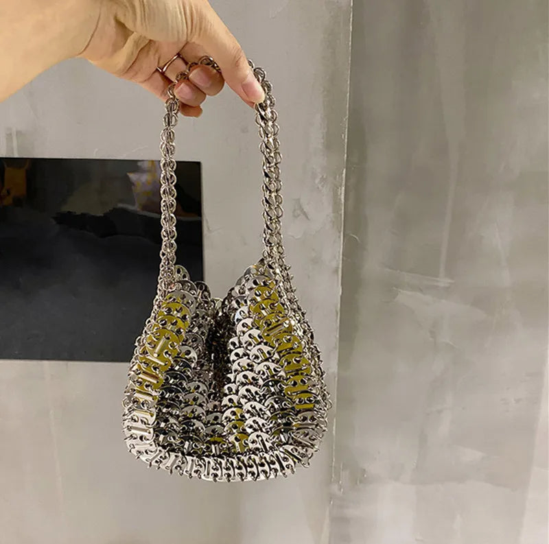 Women's Bag 2025 Trend luxury Designer Handbag Metal Chain Tote Bag Hollow Evening Bag Clutch Female Travel Holiday Shoulder Bag