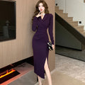 Purpled Elegant Pleated Bodycon Suit Dress for Women 2025 Korean Fashion Formal Dress Autumn Winter Chic Bespoke Occasion Dress