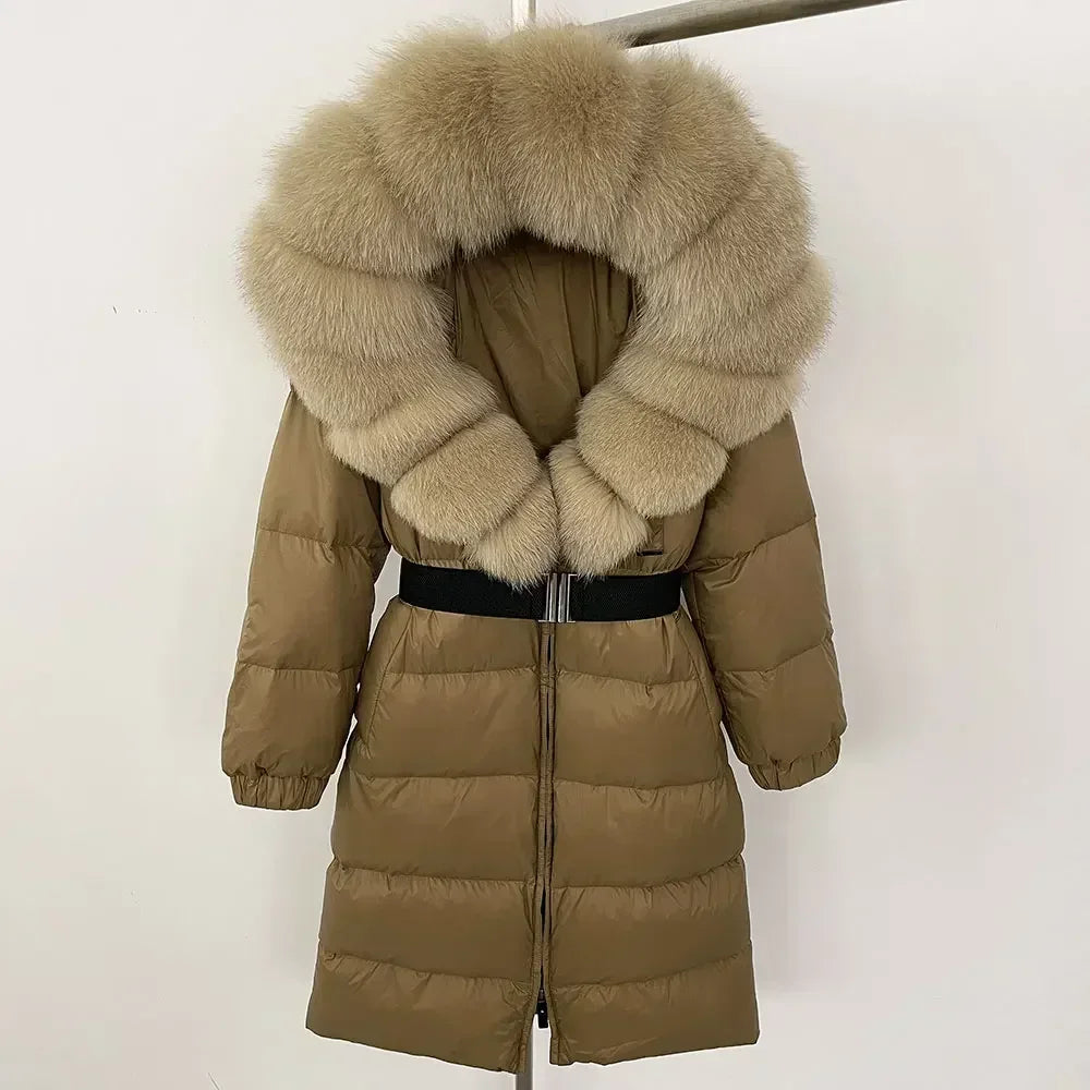 90% White Duck Down Coat New Natural Thick Warm Long Winter Jacket Women Real Big Fox Fur Collar Belt Loose Puffer Parka