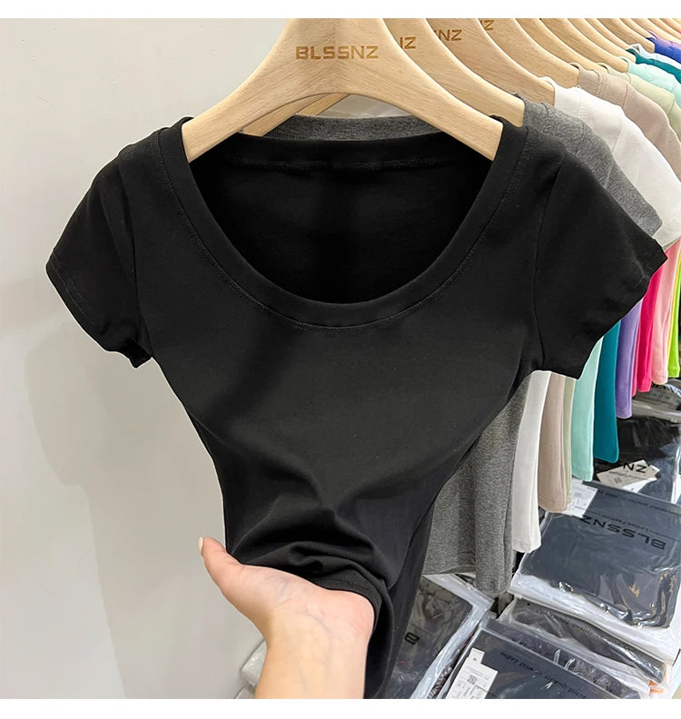 2025 Sexy Square Collar Slim T Shirt Women Cotton Elastic Basic Solid Female Casual Tops Short Sleeve Thin T-shirts See Through