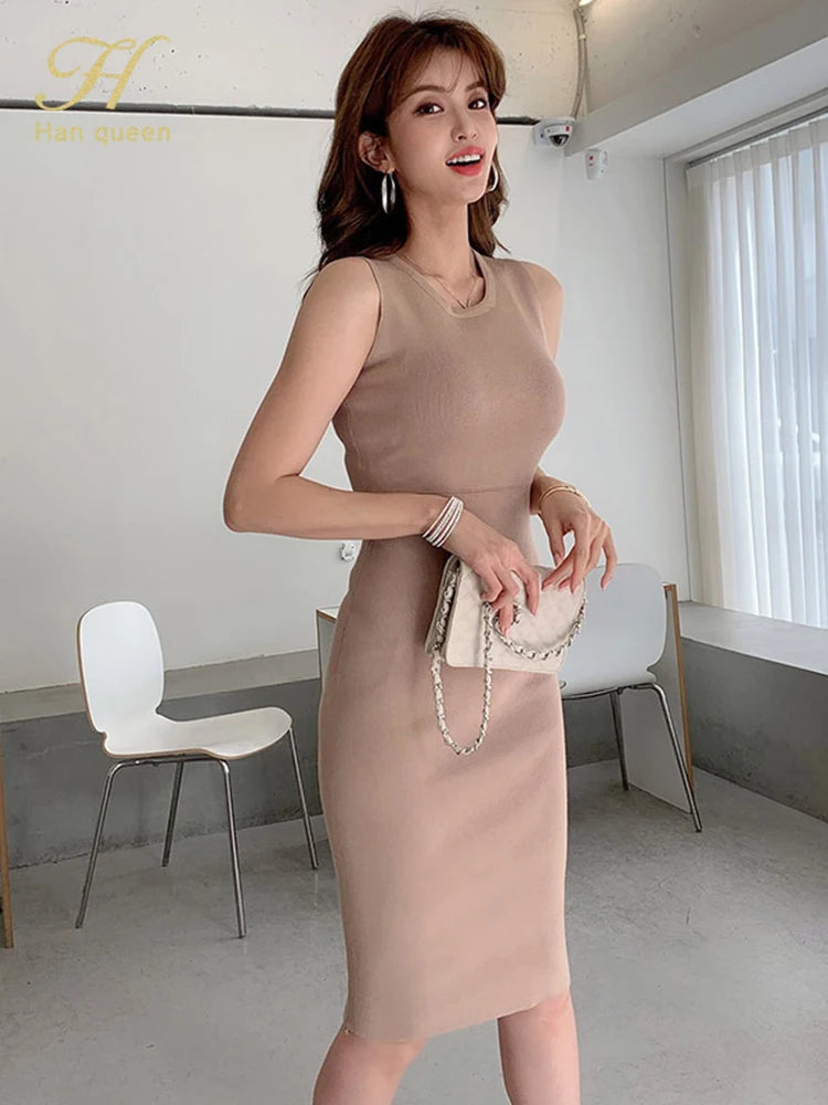 H Han Queen Elegant O-Neck Office Pencil Dress Women Summer Sheath Tank Knitted Dresses Simple Slim Work Party Bodycon Vestidos