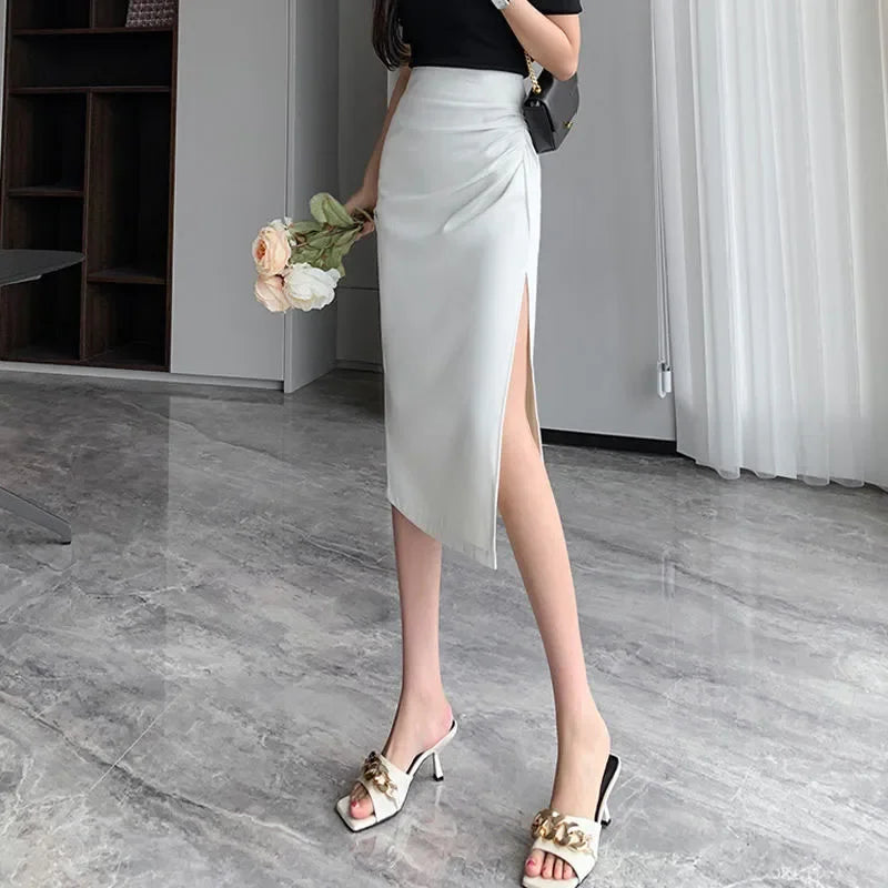 Slit Pleated Skirt for Women 2025 Summer New High-waist Slim Mid-length Versatile A-line Skirt