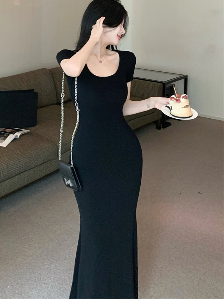 Long Dresses Women Solid Simple Elegant Partywear Gentle Trumpet Vestidos Slim French Vintage Night Club Temper Womens Daily