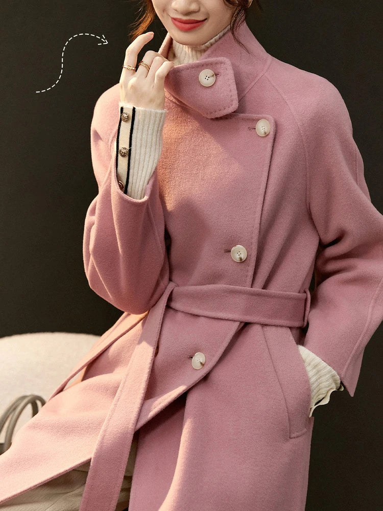 SENTUBILA Women's Long Woolen Overcoats 2025 Winter Outerwear Elegant Turtleneck Warm Double Breasted Belt Wrap Coat W24O42064