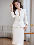 Fashion Women Formal Blazer Skirt Suit Ladies Apricot Pink Blue Female Two Piece Set For Spring Autumn Winter