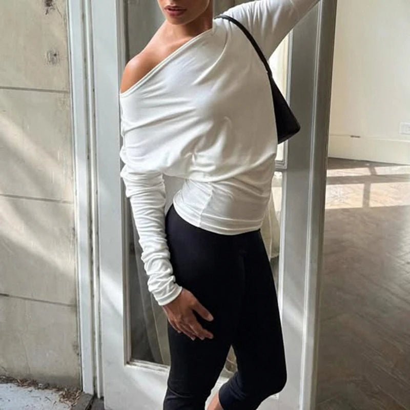 Women Loose Fit T-shirt Long Sleeve Skew Neck Solid Ladies Fall Pullovers Tops Fashion Streetwear for Casual Daily Female Tees