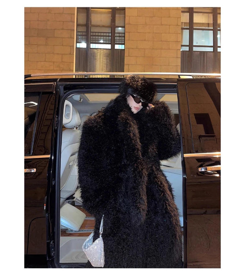 Lautaro Winter Extra Long Soft Thick Warm Fluffy Black Fuzzy Shaggy Hairy Faux Fur Coat Women Sashes Luxury Furry Overcoat 2023