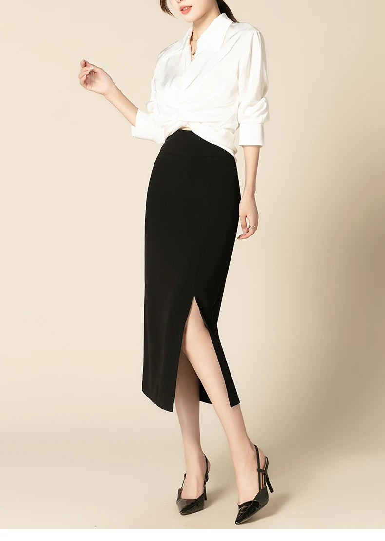 ZUZK Slit Hem Bodycon Skirt Women Elegant  High Waist Slim Skirt Spring Autumn Office Lady Mid-long Work Pencil Skirt