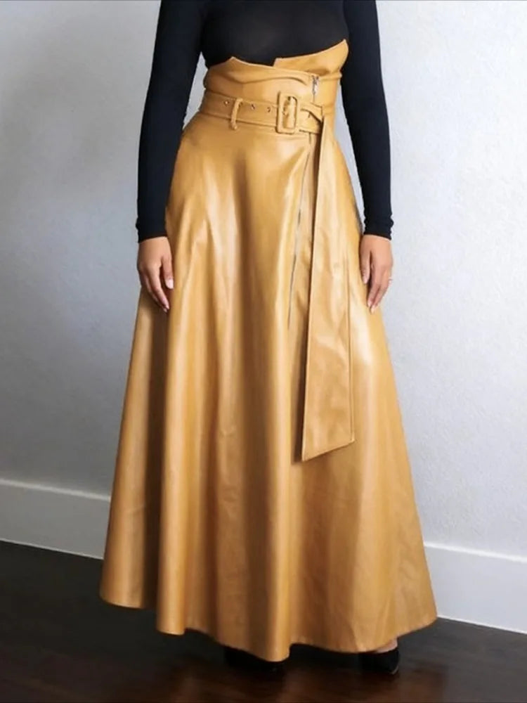 Beautyblue Women's PU Leather Maxi Skirt 2025 New Elegant High Waisted Pockets with Belted Fashion Solid A-Line Zipper Skirts