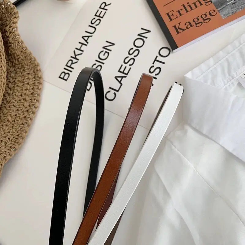 Women Belts Thin Golden Buckle PU Leather Strap For Dress Trousers Casual Black Ladies Female Designer Waistband