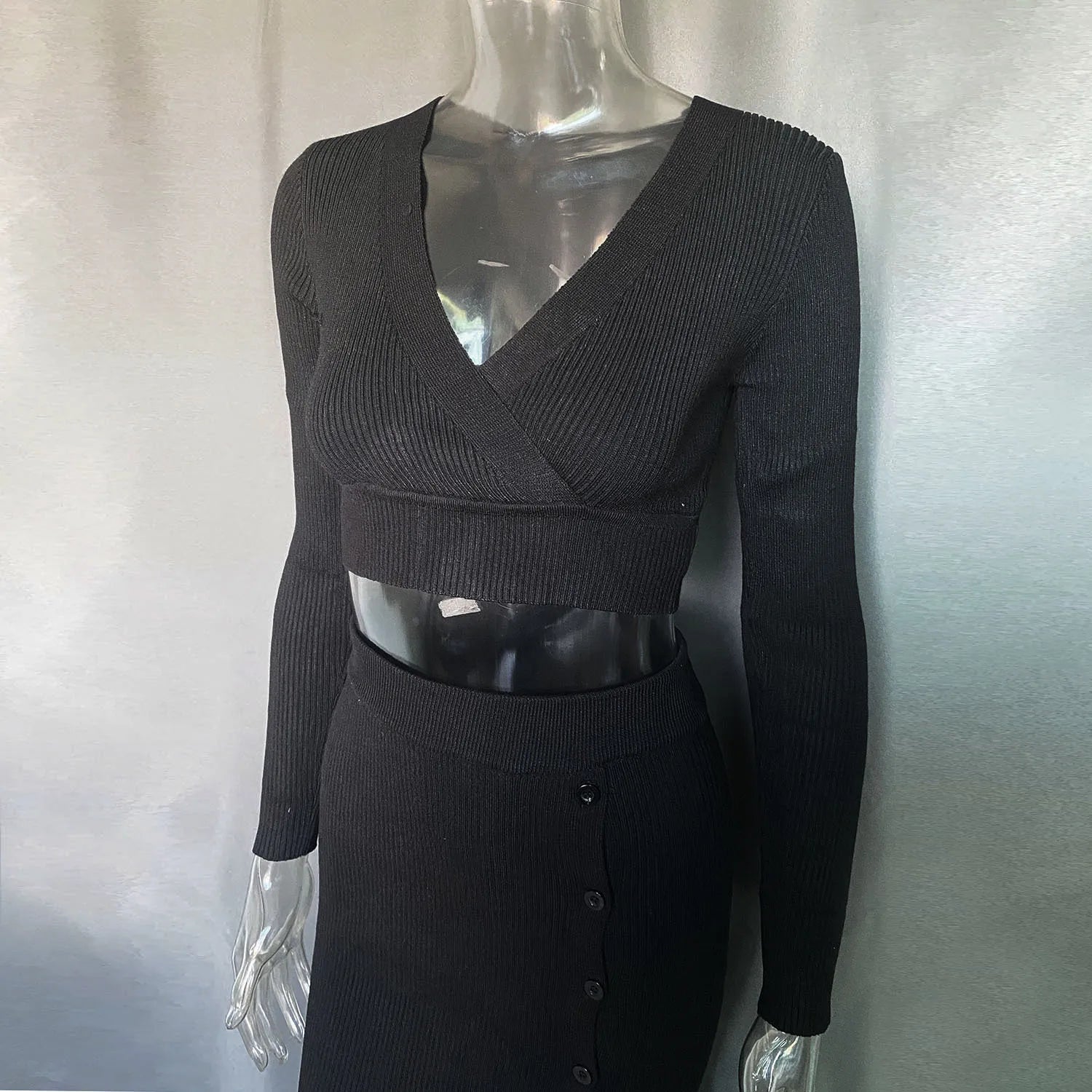 Talenza Knitted Slim Fit Slit Skirt Set 2 Piece Women's Solid Color Pullover Top Long Skirt Set Long Sleeve Women's Suit Skirt