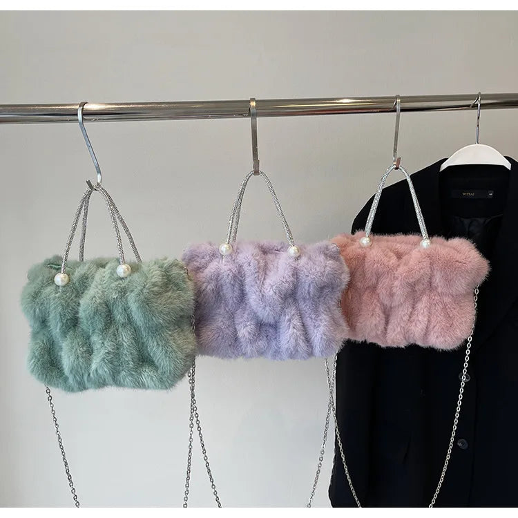 Soft Plush Evening Bags For Elegant Women Fur Dinner Party Clutch Chain Crossbody Winter Warm Luxury Designer Handbags