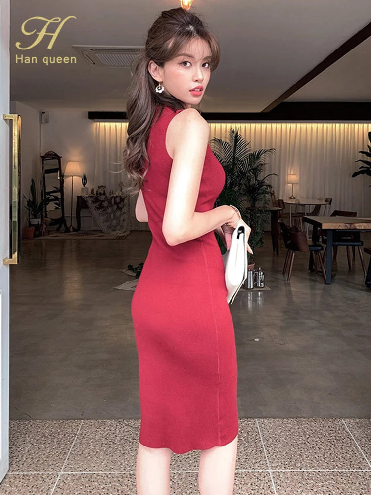 H Han Queen Elegant O-Neck Office Pencil Dress Women Summer Sheath Tank Knitted Dresses Simple Slim Work Party Bodycon Vestidos