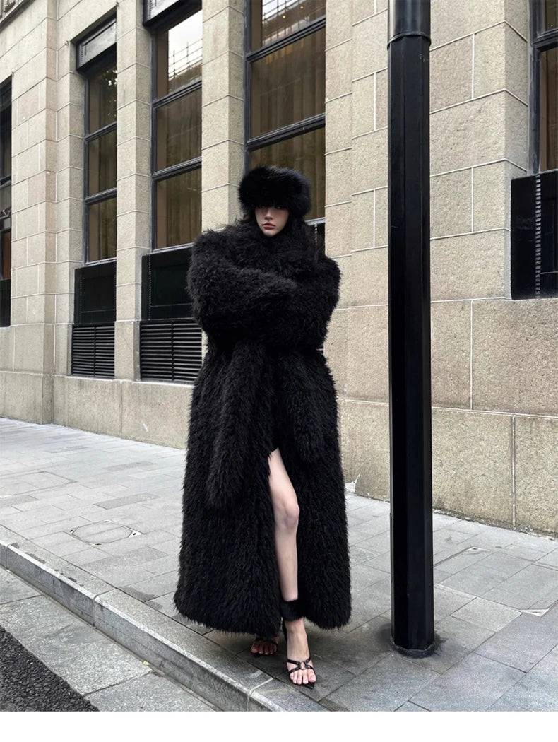 Lautaro Winter Extra Long Soft Thick Warm Fluffy Black Fuzzy Shaggy Hairy Faux Fur Coat Women Sashes Luxury Furry Overcoat 2023