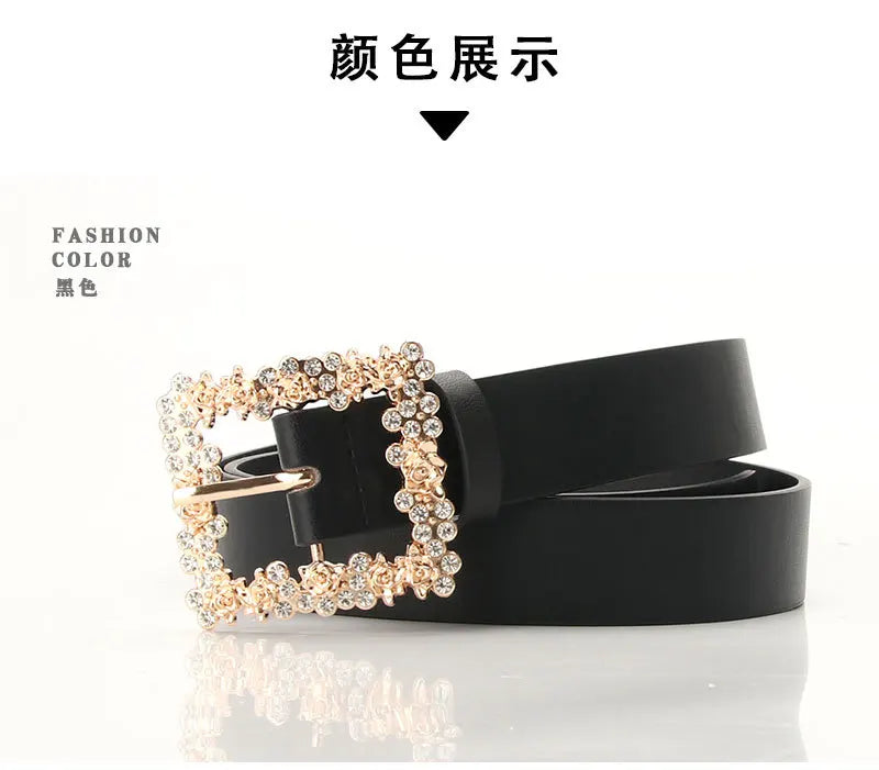 Fashionable Belts for Woman Shiny Rhinestone Beautiful Square Wreath Metal Buckle Solid Color PU Belts
