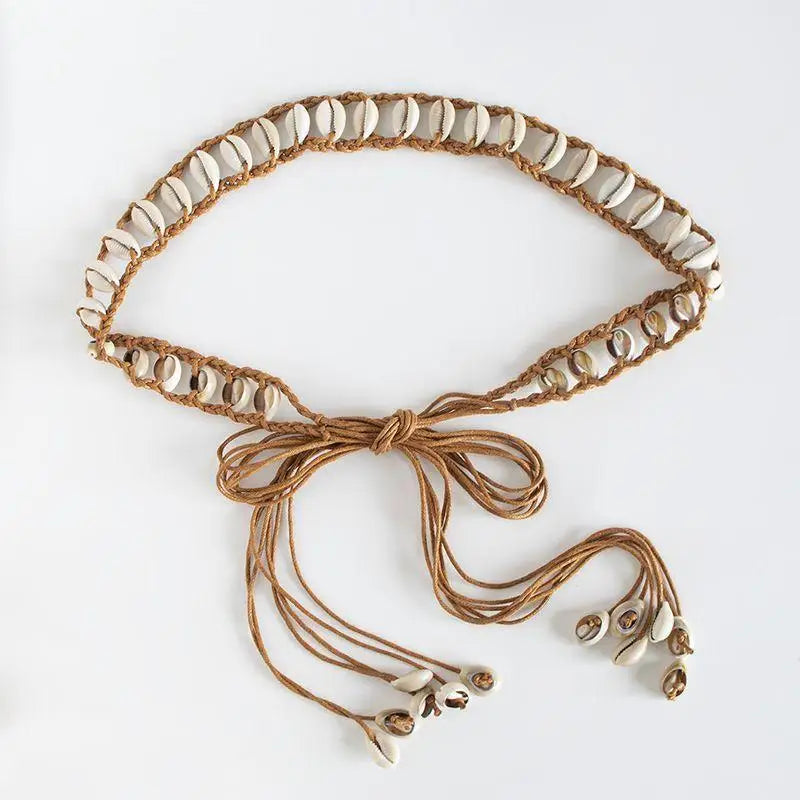 Belts For Women Knot Waistband Summer Boho Shell Bead Dress Jeans Belt Female Beach Accessory Beige Wax Cord