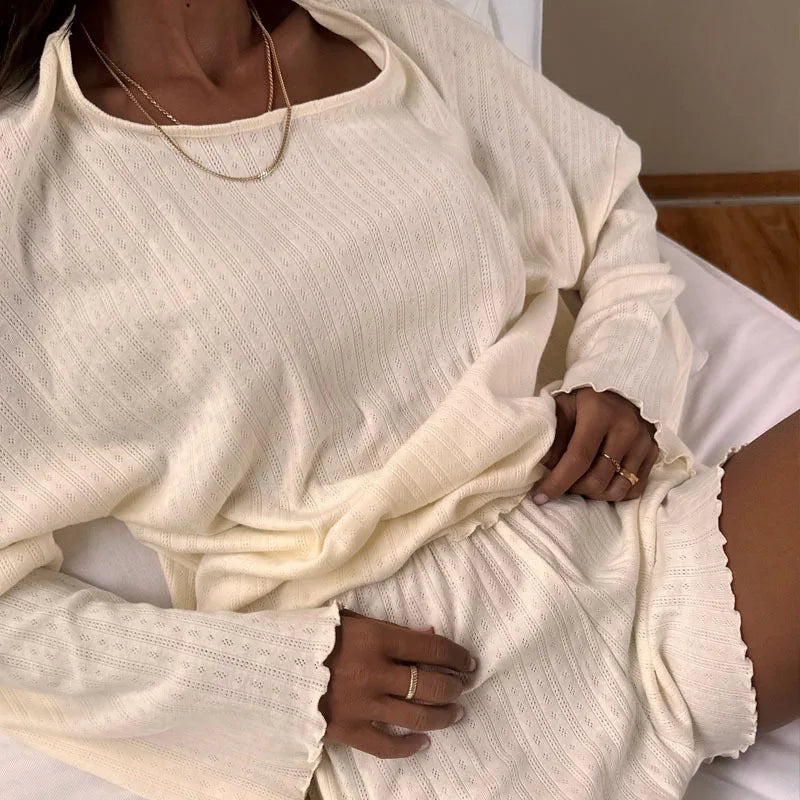 2025 Women's Solid Pajamas Set Autumn Long Sleeve Top And Shorts Sleepwear 2 Piece Set For Female Casual Loose Breathe Homewear