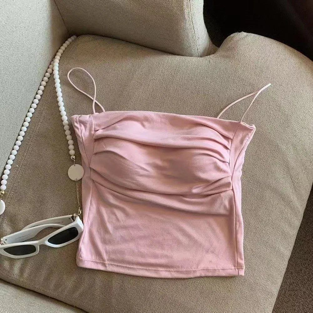 Sleeveless Tees Tank Tops For Women Camisole Vest Cropped Top Slim Fit Solid Color Spaghetti Strap Built In Bra Women Clothes