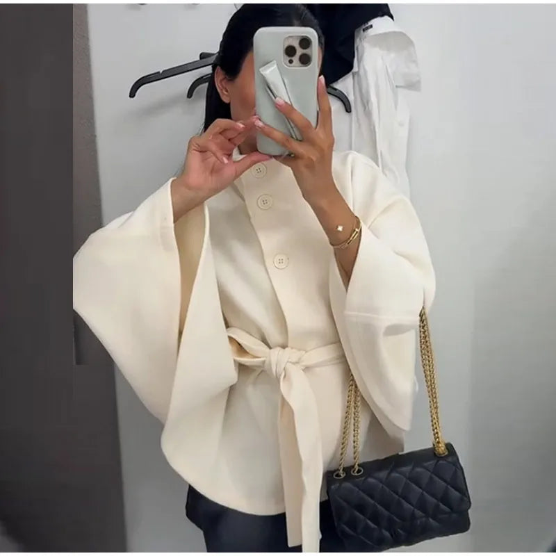 Elegant Lace Up Loose Fit Cape Coat Women's Autumn Winter Oversized High Neck Belted Wrap Jacket Fashion Warm Outerwear Outfit