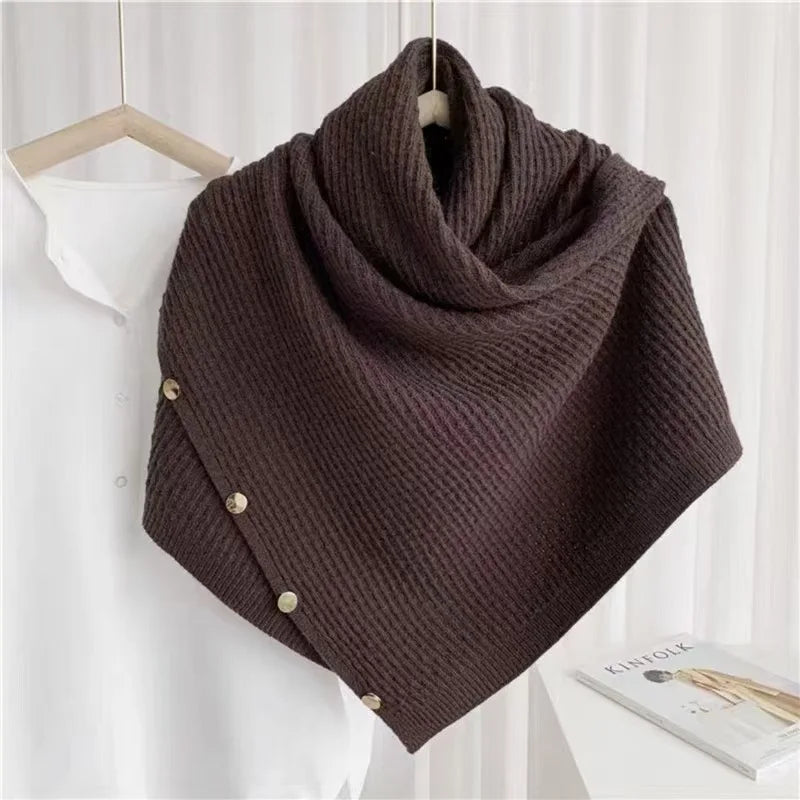 Warm Knitted Plain Color Scarf Thick Single Breasted Wool Shawl Wrap Women Cape Open Side Woven Cardigan Poncho Stole