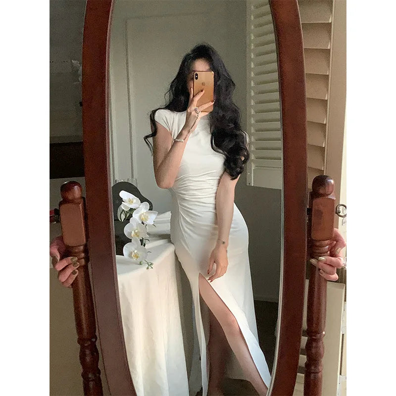 Elegant White Long Dress for Women Short Sleeve Party Split Dress Office Lady Sheath Slim Fit O Neck 2023 New Summer Black Dress