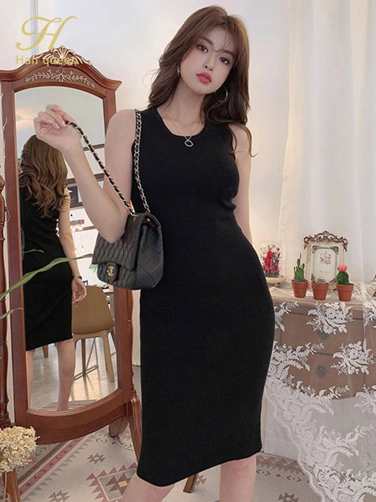 H Han Queen Elegant O-Neck Office Pencil Dress Women Summer Sheath Tank Knitted Dresses Simple Slim Work Party Bodycon Vestidos