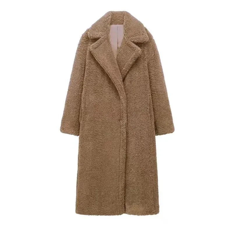 Over-Knee Fleece-Lined Casual Lapel Coat Double-Button Decoration Loose Women's Outerwear Versatile Beige New Year's Quality Sty