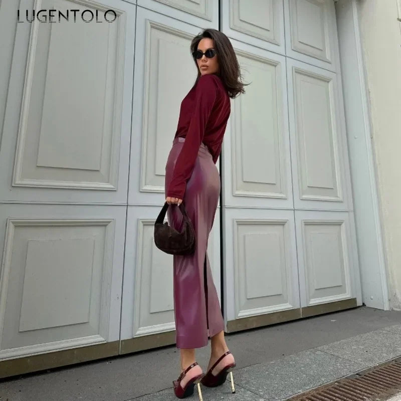 Women PU Skirt 2024 New Fashion High Waist Faux Leather Bottoms Sexy Mid-length Package Hip Slit Hem Elegant Office Party Wear