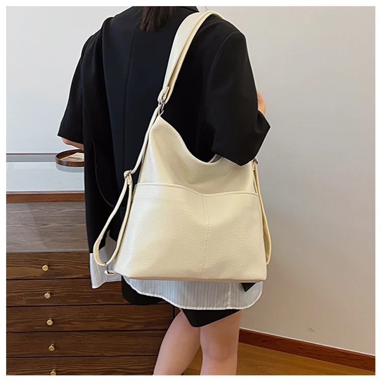 Versatile Student PU Backpack Women New Large Capacity Commute Travel Shoulder Crossbody Bags Fashion All-matched Tote Bag