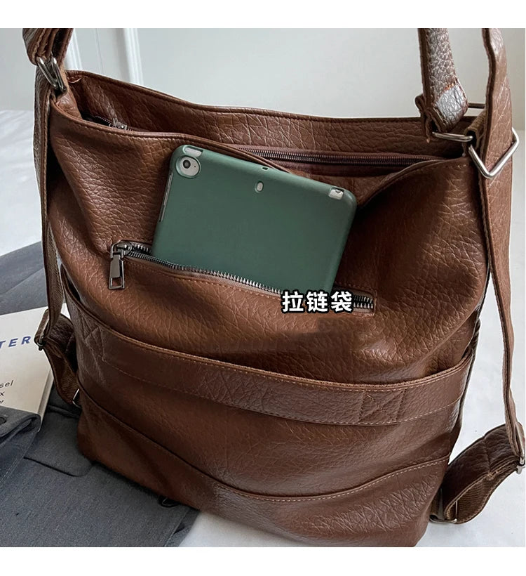 Versatile Student PU Backpack Women New Large Capacity Commute Travel Shoulder Crossbody Bags Fashion All-matched Tote Bag