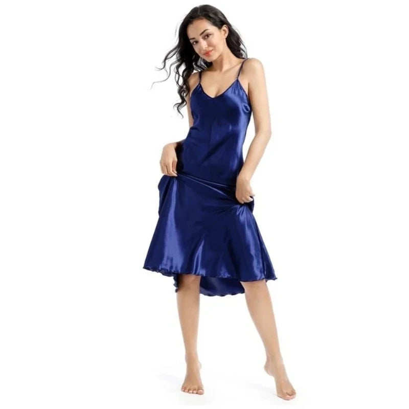 Women Long Satin Nightgown Slip Dress Nightdress Silky Nightie Soft V Neck Nightwear
