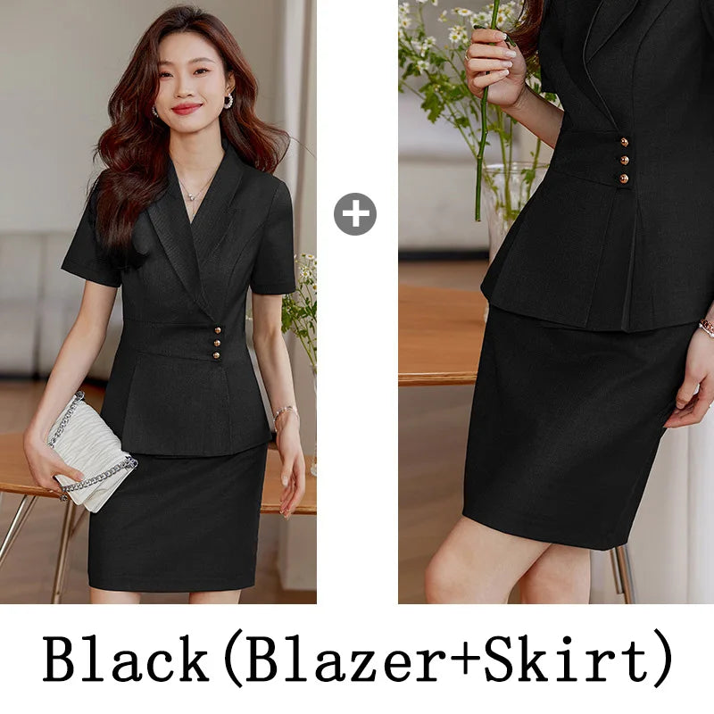 High End Office Ladies Formal Skirts Suits Women Summer 2024 New Korean Fashion Solid Long Sleeve Blazer Trousers 2 Piece Set
