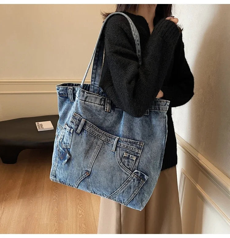 2025 Spring New Hot Sale Denim Tote Bags Solid Large Capacity Personality Retro Durable Commute Style Shoulder Bags for Women