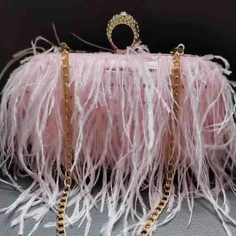 Multicolored Ostrich Feather Purse Clutch Bag Evening Hand Purse With Knuckle Ring Purple/Pink/White/Black Purse