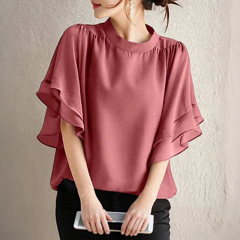 Women Blouse ZANZEA Elegant Office Lady Ruffled Shirts Half Sleeve Solid Casual Fashion Tops 2025 Summer OL Blusas Femininas