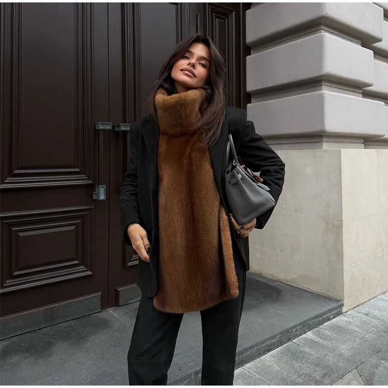 Vintage Brown Women's Faux Fur Vest Solid High Collar Sleeveless Thicken Female Waistcoat 2025 Autumn Winter New Lady Streetwear