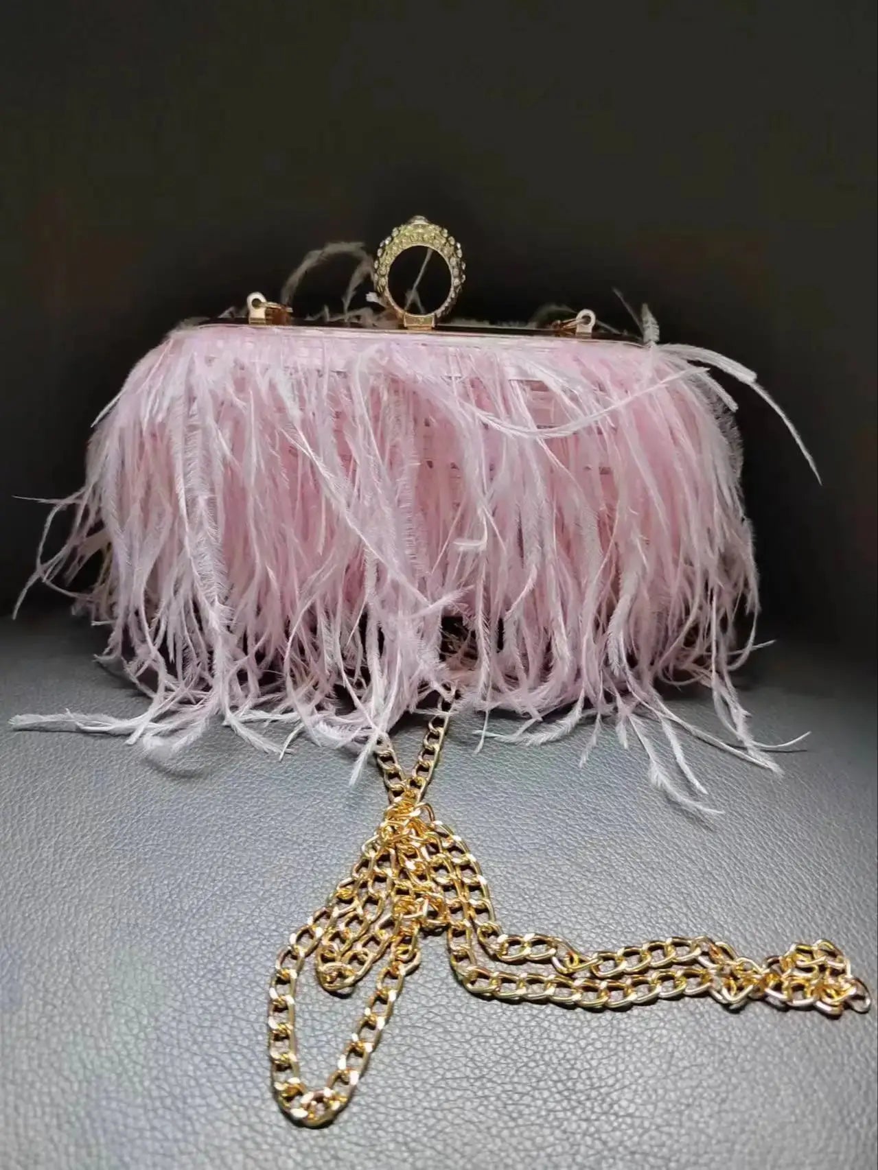 Multicolored Ostrich Feather Purse Clutch Bag Evening Hand Purse With Knuckle Ring Purple/Pink/White/Black Purse