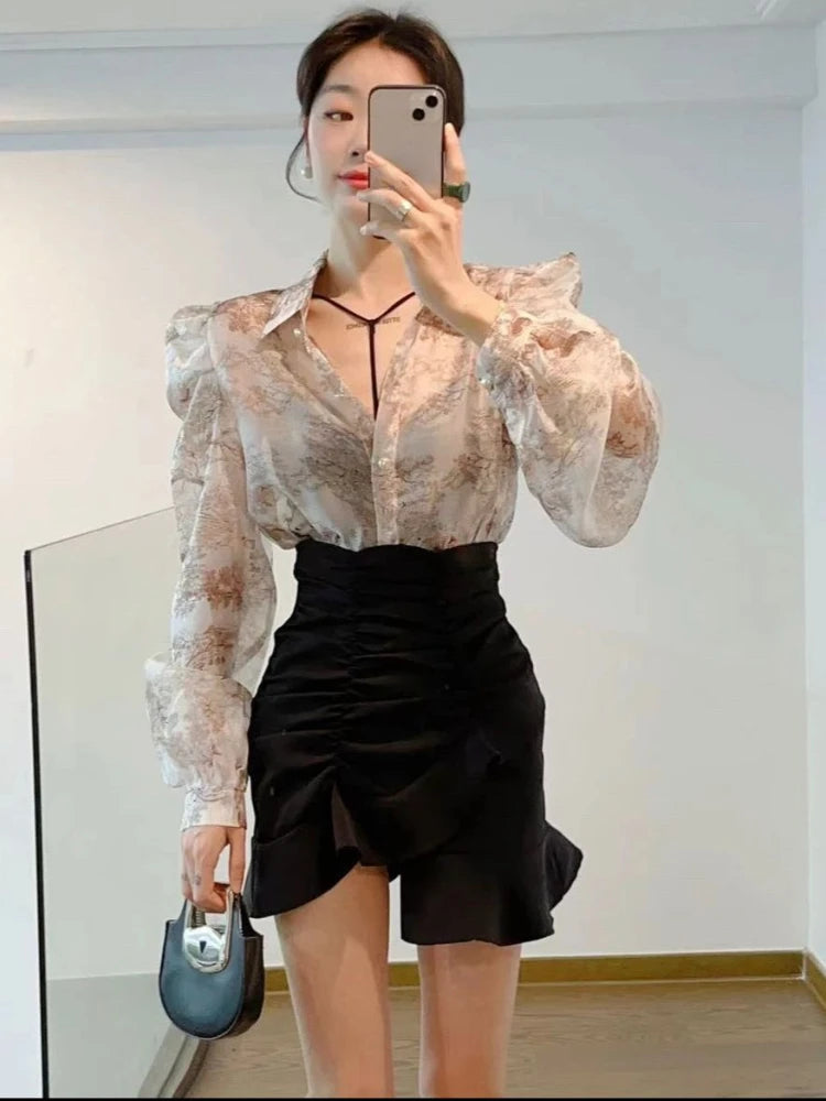 2023 Blusas Mujer De Moda Floral Sweet Blouses for Women Loose Puff Sleeve Turn Down Collar Shirts Summer Vintage Elegant Tops