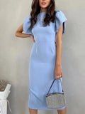 Elegant Bodycon Midi Dresses For Women Summer Casual Ruffle Sleeve Slit Office Dress Fashion Chic Blue New In Dresses 2025