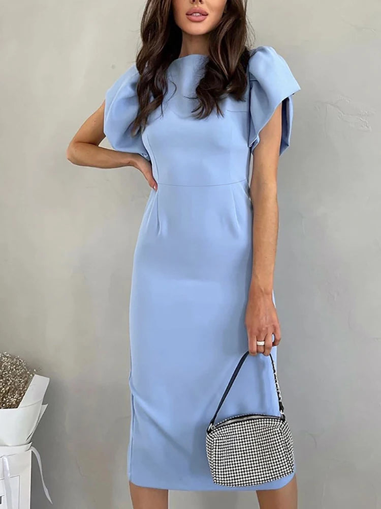 Elegant Bodycon Midi Dresses For Women Summer Casual Ruffle Sleeve Slit Office Dress Fashion Chic Blue New In Dresses 2025