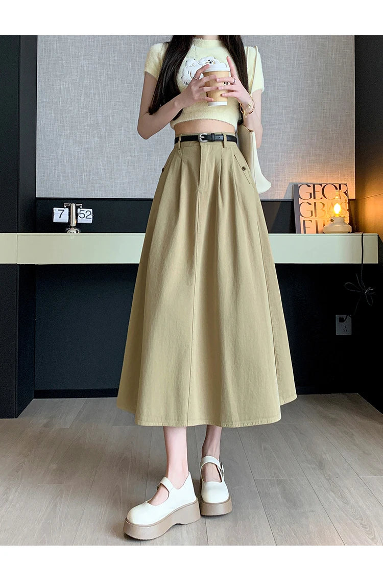Seoulish Denim Skirts for Women 2024 Spring Summer New High Waist A-line Large Hem Office Lady Umbrella Skirt Pleated Long Skirt